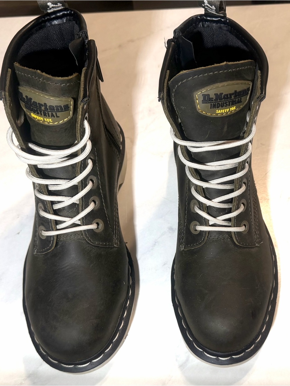 Dr. Martens Olive Green Leather Work Boots with White Laces